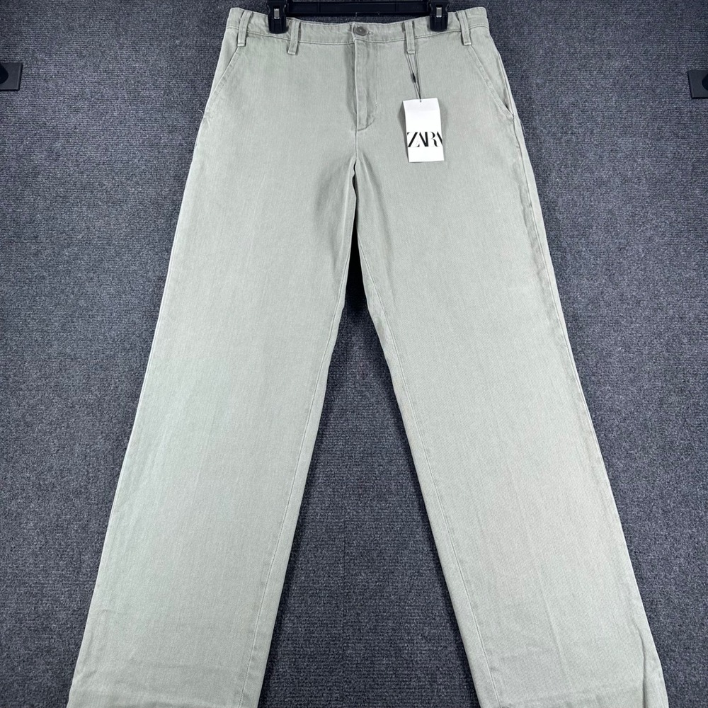 Zara‎ Pants Mens L Large Sage Green Straight Wide Leg Cotton Chino Trousers NWT